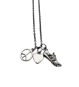 PEACE LOVE RUN Necklace~18 inch Gunmetal Chain~Pewter Charms~Running Necklace  - Picture 1 of 8