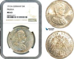 AI816, Germany, Prussia, Wilhelm II, 5 Mark 1913 A, Berlin Mint, Silver NGC MS63