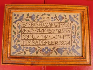 OLD FRAMED SEWING KNITTING MY SAMPLER ALPHABET BIRDS FLOWERS LETTERS FUN WOW ! - Picture 1 of 4