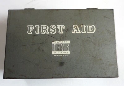 Vtg Gray Metal First Aid Box Davis Safety Division Newark NJ Instructions Wall - Image 1 of 4