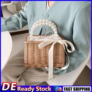Vintage Damen Rattan Gewebte Tragetaschen Strand Perle Mini Korb Handtasche (B) - Bild 1 von 12