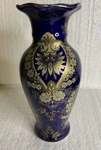 Cobalt Blue/Gold Vase VTG Asian Floral Ceramic Ruffle Top - Picture 1 of 9