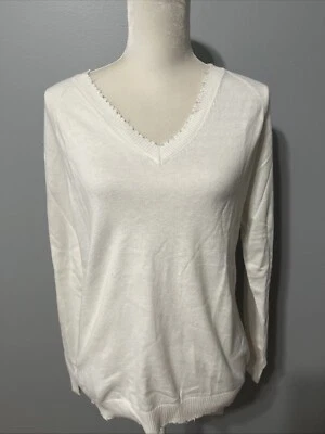 Minnie Rose V Neck Frayed Edge Sweater Medium  - Image 1 of 4