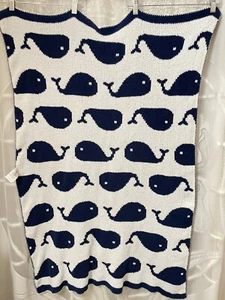 Just Born Whale Navy Blue White Chenille Knit Baby Blanket Reversible Lovey - Picture 1 of 6