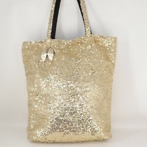 Victorias Secret Handbag Women Gold Sequin Shimmer Lined Tote Purse Shoulder Bag