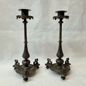 Pair of antique European bronze patinated candlesticks with Far Eastern design. - Picture 1 of 14