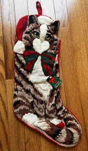 Vintage Needlepoint Tabby Cat Christmas Stocking Cute Kitty New With Tags - Picture 1 of 6