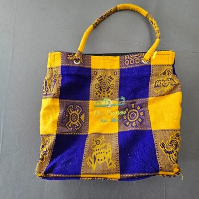Pto Progreso Yuc Mex Fabric Large Mexican Symbols Zippered Tote Bag Blue Yellow - Image 1 of 4