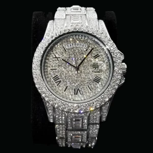 Day Date Roman Numerals VVS Iced Out Diamond Watch, Hip Hop Watch, Silver, Gold - Picture 1 of 14