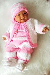 Babyset Ausfahrgarnitur Reborn 50 62 rosa weiß gestrickt Jacke Hose Mütze Schuhe - Bild 1 von 23