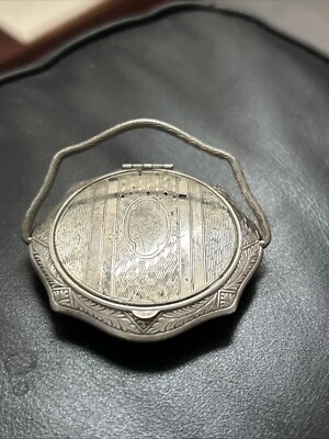 Vintage Dome Compact with Unusual Handle Silver Tone Cosmetic Art Deco - Image 1 of 4