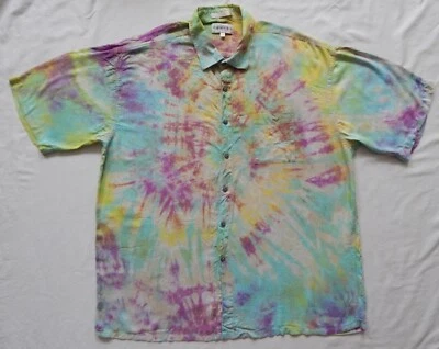 Camisa Tie Dye Púrpura Azul Manga Corta Abotonada - 2XL Para Hombres Hecha a Mano Rayón XXL Foto 1 de 4