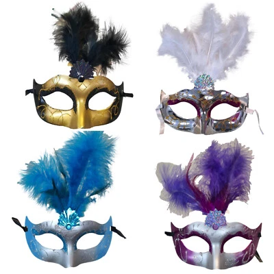12 Gold, Silver, Turquoise,  Purple Fan Feather Masks Mardi Gras Masquerade Lot - Image 1 of 4