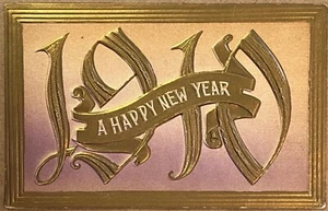 New Year Airbrushed Gold Gilded Vintage Postcard 1910 - Picture 1 of 5