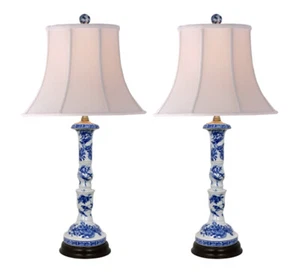 Pair Table Lamps - Porcelain Blue White Rose Canton Buffet Lamps 25" H 13" W  - Picture 1 of 6