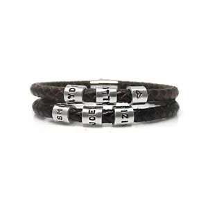 Mens Personalised Leather Bracelet with Hand Stamped Name Beads - Free Delivery - Picture 1 of 9