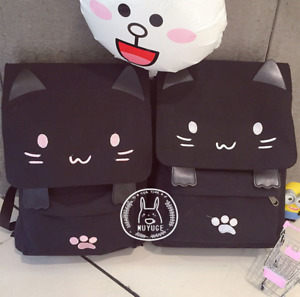 Cute Cat Embroidery Girl Backpack Bookbag Black Cartoon School Bag Shoulder