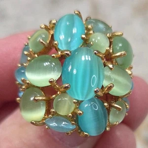 Anello cocktail dichiarazione vintage tono oro verde acqua occhio di gatto pietre preziose boho - Foto 1 di 7