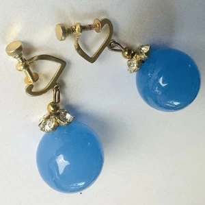 Orecchini pendenti vintage vetro colorato calcedonio strass blu cuore - Foto 1 di 5