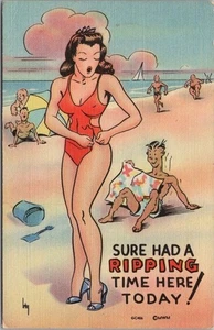 Cómic IRBY firmada por artista de la década de 1940 postal de lino escena de playa "Tuve un tiempo de desgarro" - Imagen 1 de 2