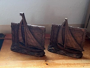 Vintage Pair of Faux Wood Sailing Ship on Waves Nautical Book Ends Bookend - AS- - Picture 1 of 14
