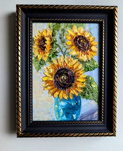 ORIGINAL OIL impasto Painting" SUNFLOWERS IN VASE" 7" x 5" by Olga Diduh Framed - Picture 1 of 12