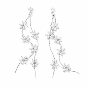 Long Sterling Silver Pin CZ Cherry Flower Drop Dangle Party Bridal Earrings - Picture 1 of 12