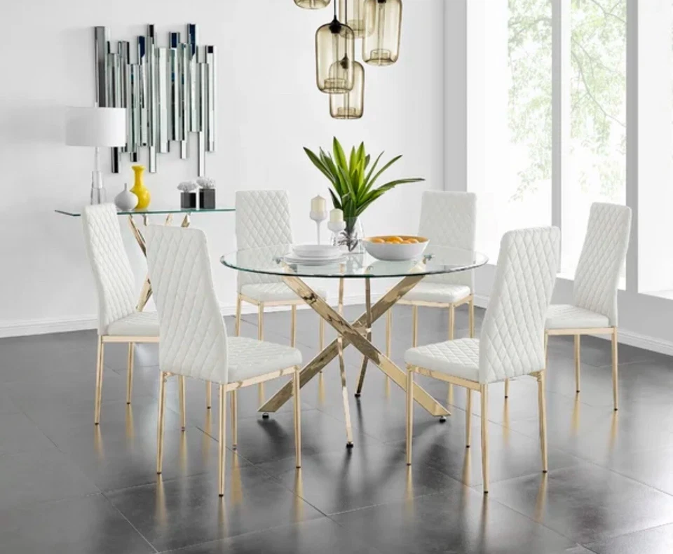 Mesa de comedor redonda Tierra de metal cromado y vidrio 6 sillas tapizadas de cuero sintético Foto 1 de 1