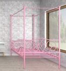 Girls Twin Pink Slat Metal Canopy Bed Frame w Scroll Headboard & Footboard