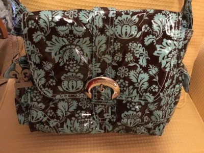 EUC Kalencom Buckle Front Shoulder Diaper Bag, Brown & Aqua Print, BIN - Image 1 of 4