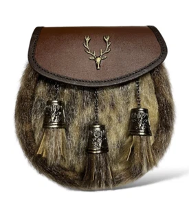Men' Stag Head Badge Scottish Brown Kilt Sporran 3 Tassels Kilt Sporran & Chain - Picture 1 of 2