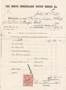 THE NORTH SUNDERLAND WATER WORKS Co. 1927 Water Rates Stamp Invoice Ref 48651 - Picture 1 of 2