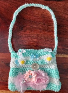 Crotchet Aqua Blue Striped Flower Kids Purse (Handmade In Arizona) - Picture 1 of 6