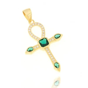 CROCE IN ARGENTO 925, CON STRASS NATURALI VERDI COLORE DORATO - Foto 1 di 1