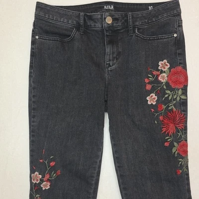A.N.A Black Embroidered Jeans 10 Women's Red Floral Mid Rise Jeggings Skinny - Image 1 of 4