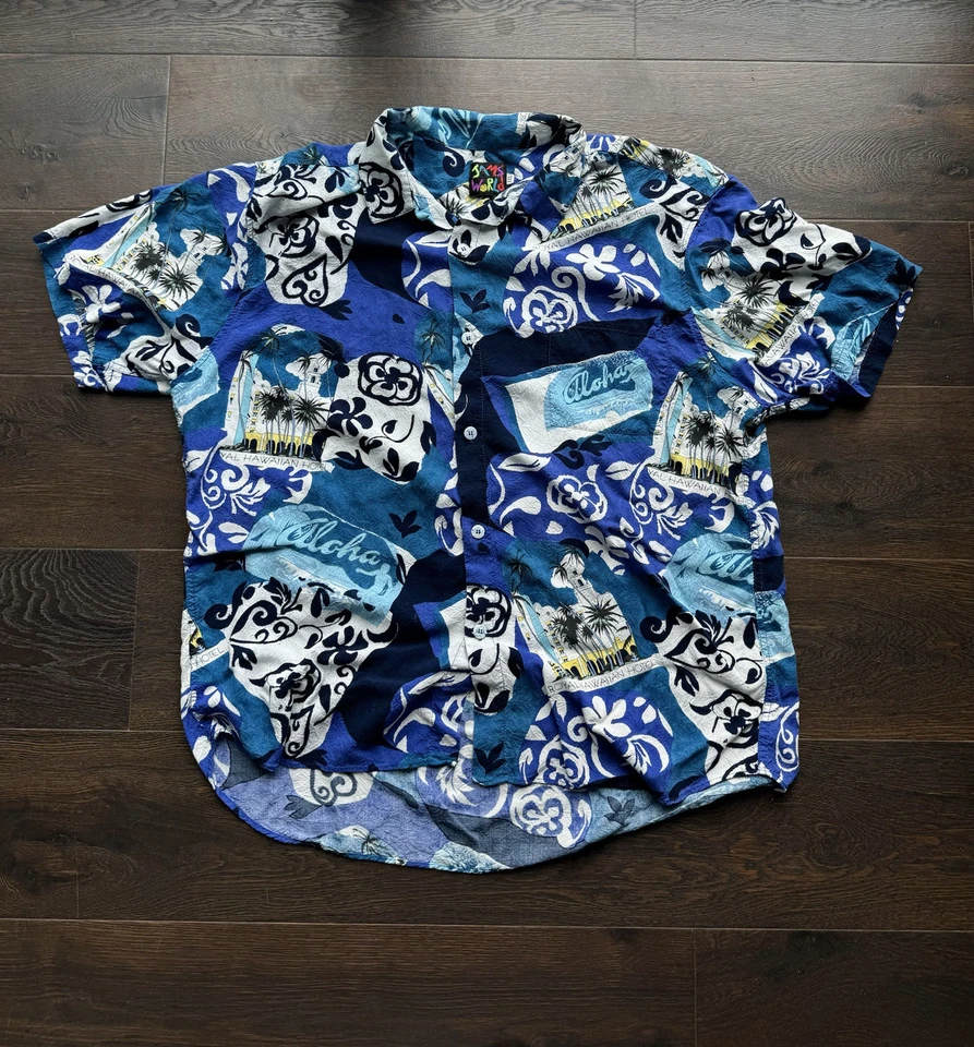 Camisa Hawaiana Vintage Jams World Abotonada Adulto 2XL Azul Seda Arte Abstracto Foto 1 de 4