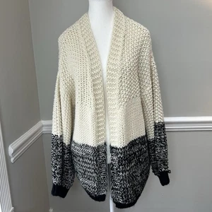 Kye Mi Cardigan Chunky Knit Sweater Black Cream Oversized Open Front Medium - Picture 1 of 10