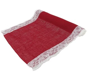 Red Burlap Table Runner with Lace Sections 16" x 88" - Picture 1 of 4