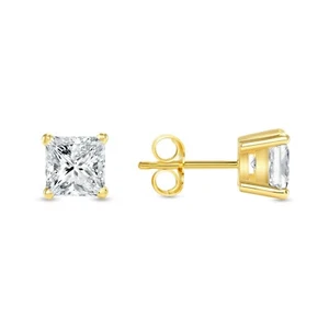 1/2 Ct Princess Cut Lab Created Grown Diamond Earrings 14K Yellow Gold F/VS Push - Picture 1 of 3