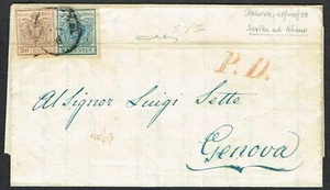 Italy 1858 Lombardy and Venetia Entire Abano-Genova 45c Blue 30c Brown 'P.D'  - Picture 1 of 3