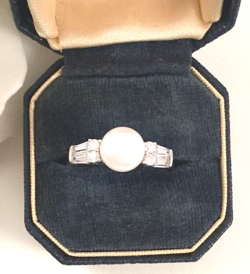 Vintage Jewelry White Gold Pearl Ring Sapphires Art Deco Dress Jewellery size 8 - Image 1 of 4