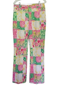 Vtg Lilly Pulitzer Patchwork Boot Cut Beads Rhinestones Pants 32" Waist Sz 10 - Picture 1 of 10