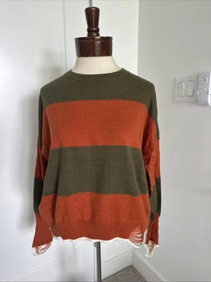 Suéter NSF Para Mujer Talla S Oliva y Naranja Quemado Rayas Tejido Envejecido Cuello Redondo Foto 1 de 4
