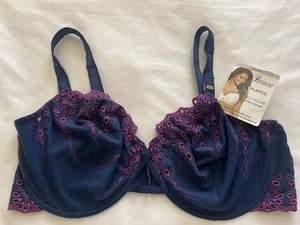 New 42DDD Woman’s Paramour Full Figure Unlined Demi Bra Navy Blue/Purple Eyelet - Picture 1 of 8