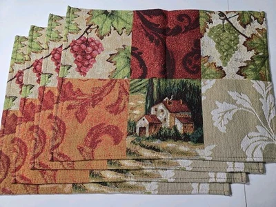 Tapestry Placemats Set Of 4 Autumn Scene Harvest Leaves Grapes EUC 18 X 13” - Image 1 of 4
