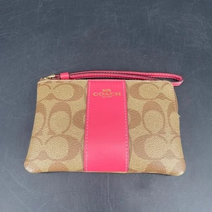 Cartera de muñeca Coach F58035 Signature de lona para mujer con cremallera en la esquina marrón rosa dorado - Imagen 1 de 19