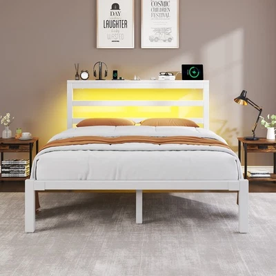 Marco de cama de metal de almacenamiento tamaño completo/queen con estación de carga y LED Foto 1 de 4