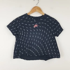 Nike T-Shirt Girls XL Black Cropped All Over Swoosh Graphic 100% Cotton Tee - Picture 1 of 10