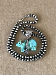 VTG Navajo Pearls Sterling Silver 925 With Turquoise Bear Fetish Necklace 22” - Picture 1 of 24