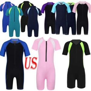 Kids One Piece Short Sleeve Zipper Swimwear Swimsuit Sun Protection Bathing Suit - Picture 1 of 130